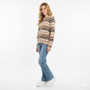 Y2K‎ Jennifer Moore Sweater Womens L Brown Striped Preppy Full Zip Cable Knit